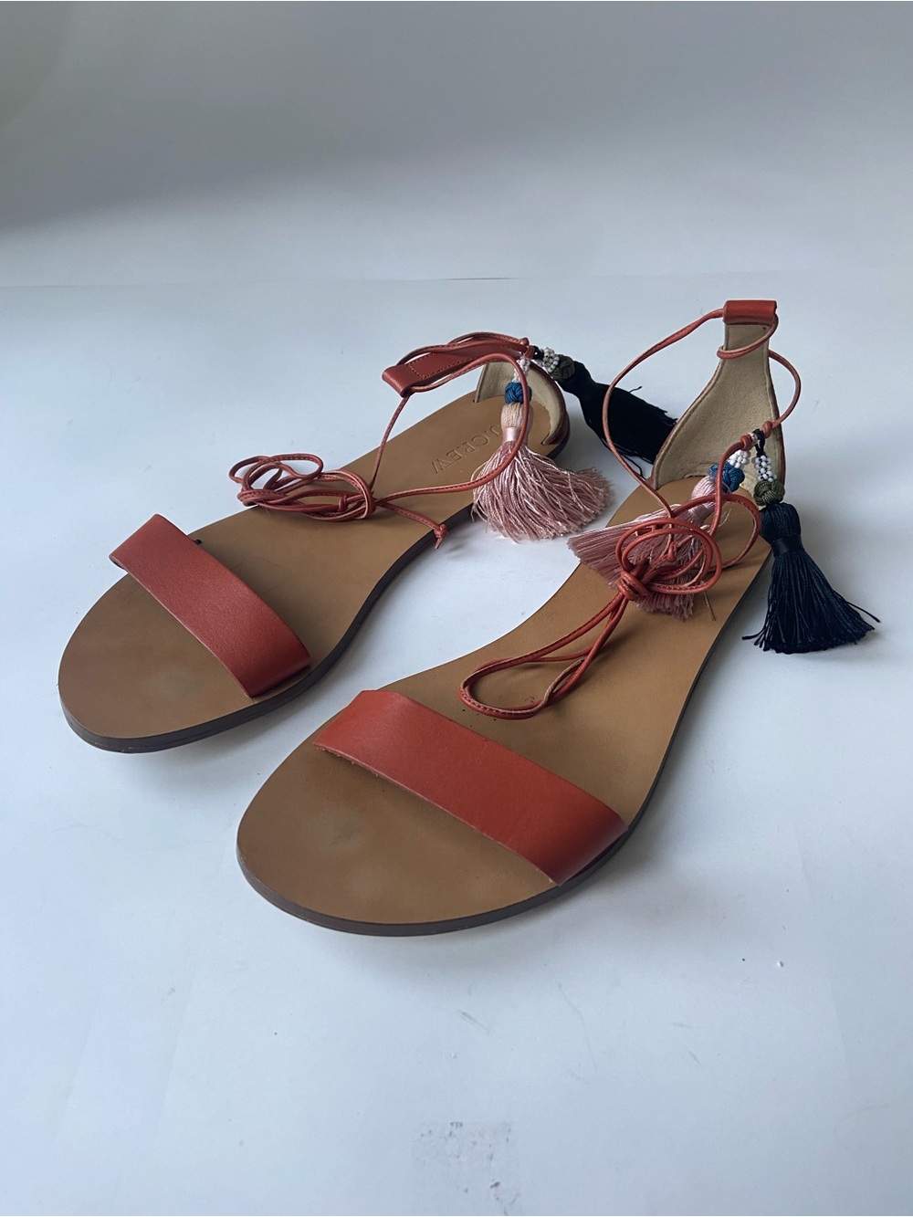 J. Crew Rust Leather Tassel Lace-Up Flat Sandals